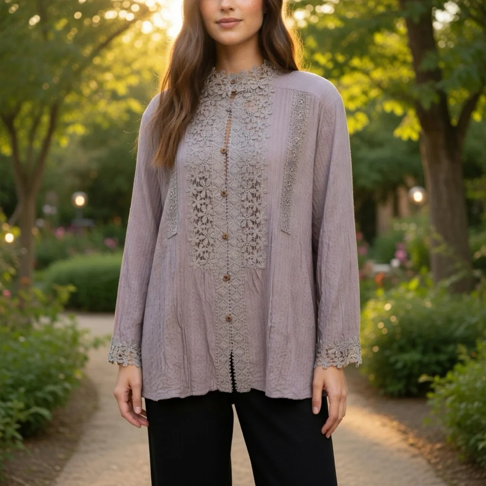 Paposon Lace Crinkle Top Sz XL - Picture 3 of 16